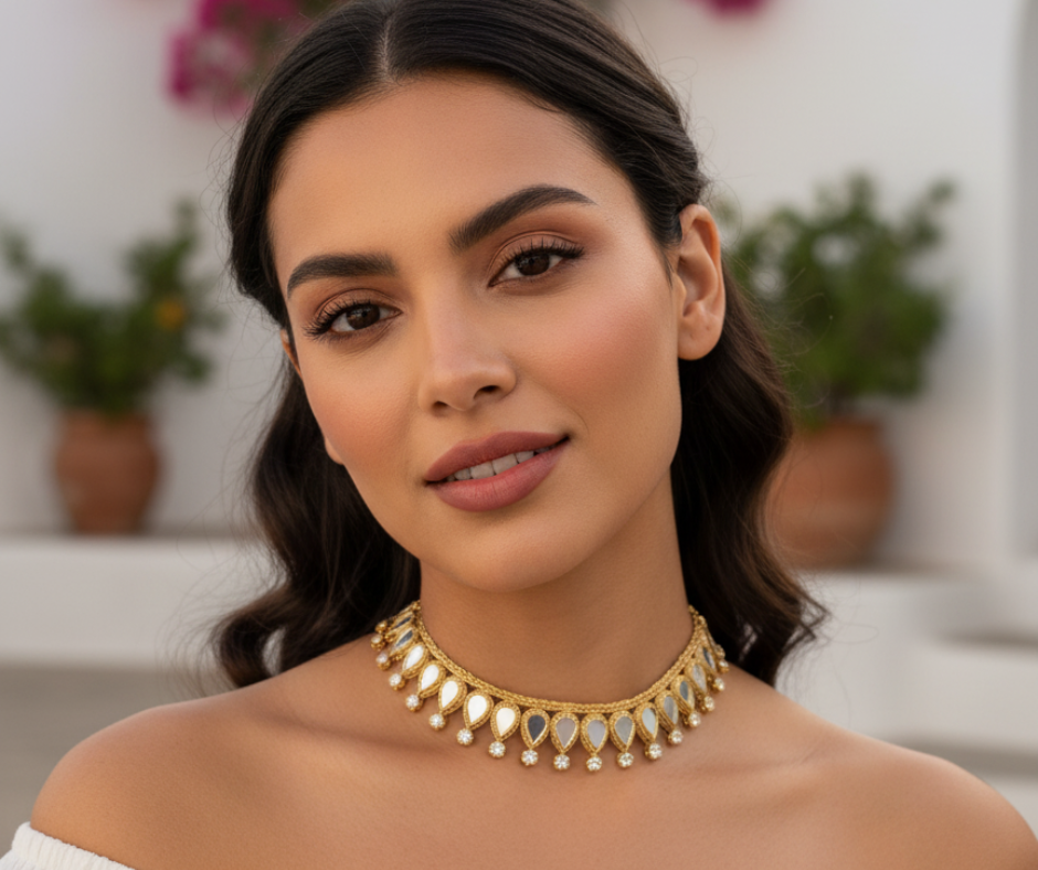 Choker Gargantilla Ajustable Dorada con Micro Espejos y Pedrería